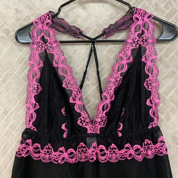Womans Large Lingerie Top Black Pink Lace Fit & Flare Adjustable Strappy Sleeve - Picture 2 of 11